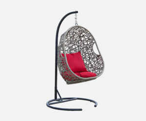 Fauteuil-Oeuf-Suspendue-rotin-filaire-coussin-rouge