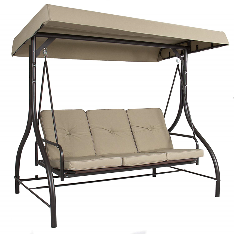 3 person patio swing with tan upholstery
