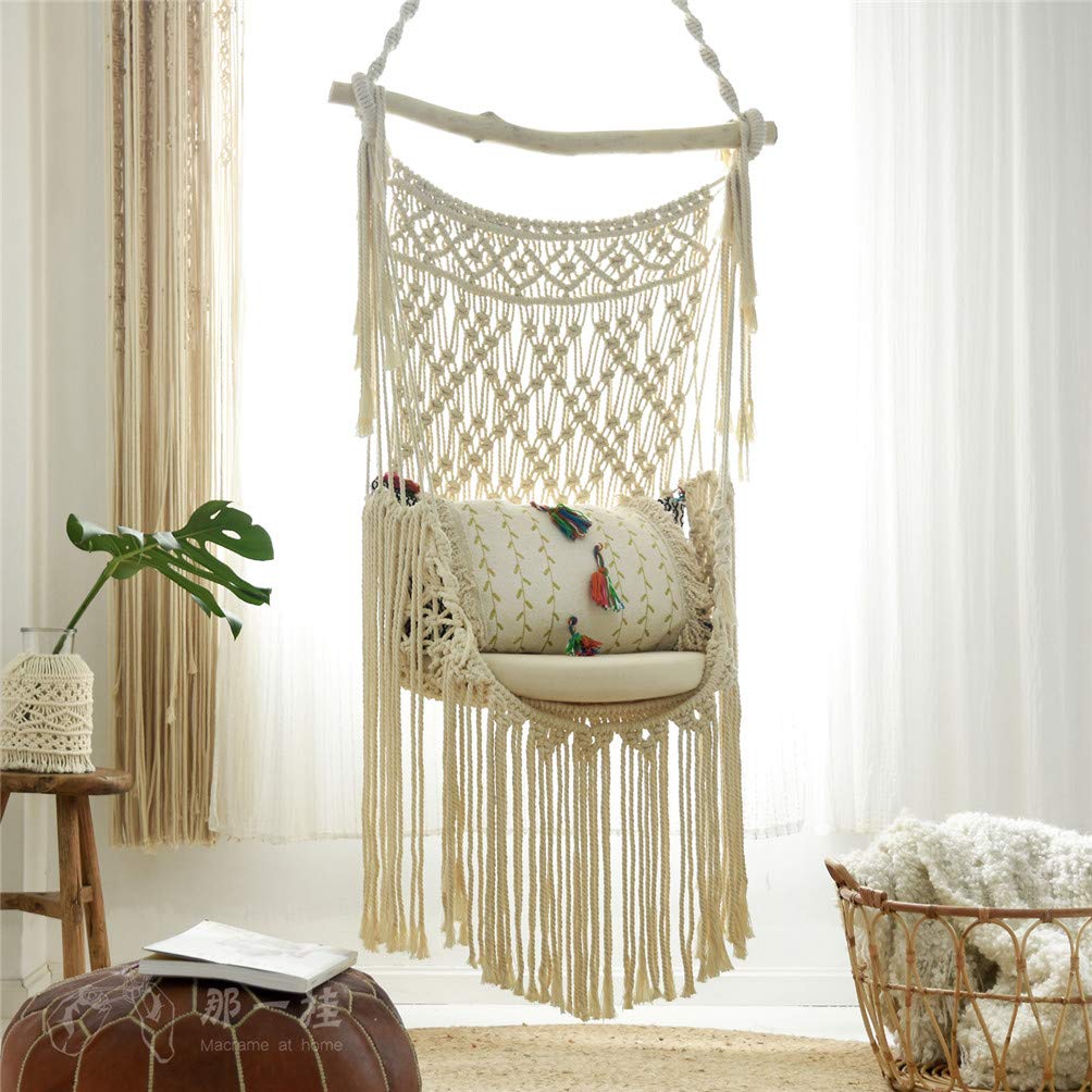 Handmade-Bohemian-Hanging-Macrame-Swing-Chair-Uniquely-Designed-Creme-Macrame-Beige-Cotton-Rope-With-Frangels