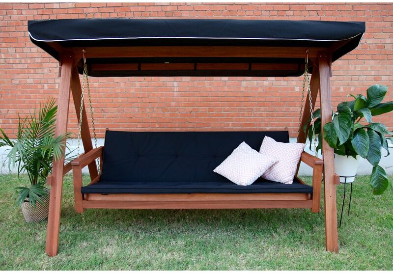 Simple wooden frame patio swing with a single-cushion 3-person swing seat