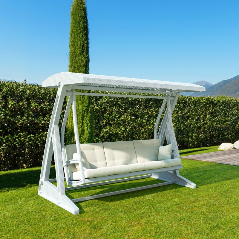 3 person patio swing with steel frame and synthetic material canopy
