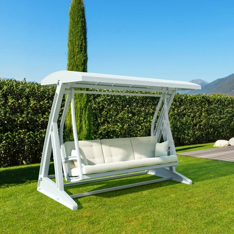 3 person patio swing with steel frame and synthetic material canopy