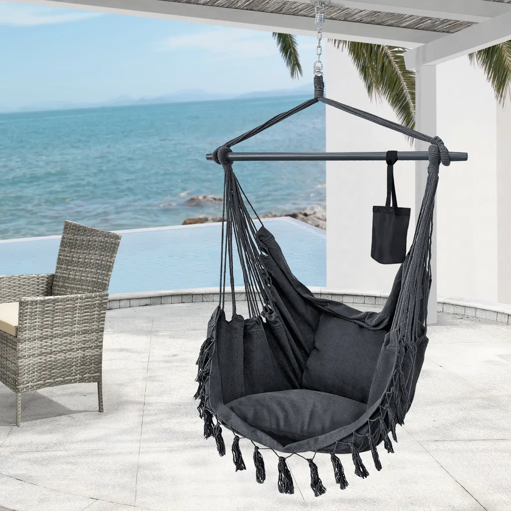 Chaise suspendue fauteuil œuf balancelle noir avec coussin et support 150  kg